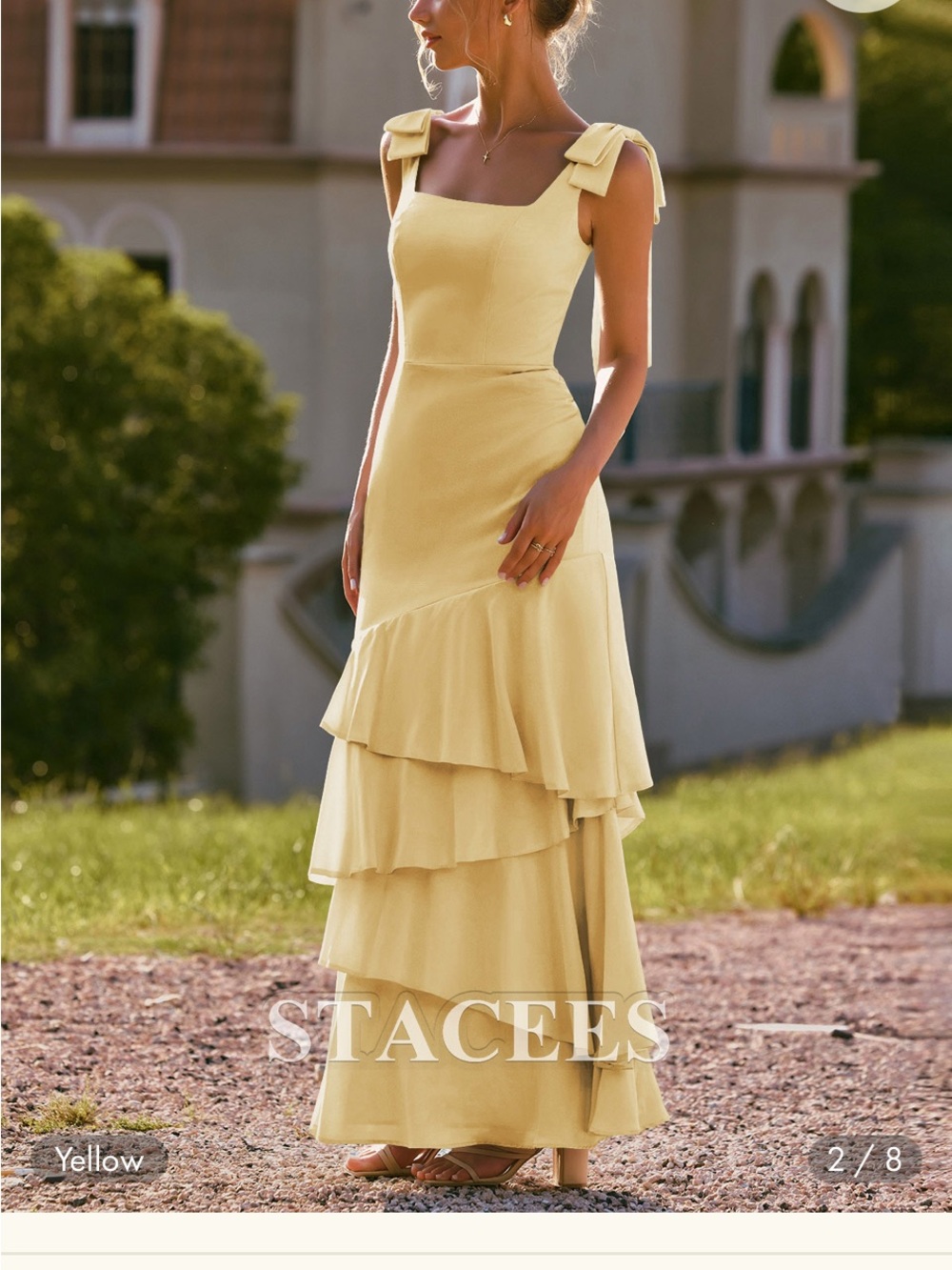 NWT Stacees Yellow Bow-Shoulder Tiered Maxi Dress